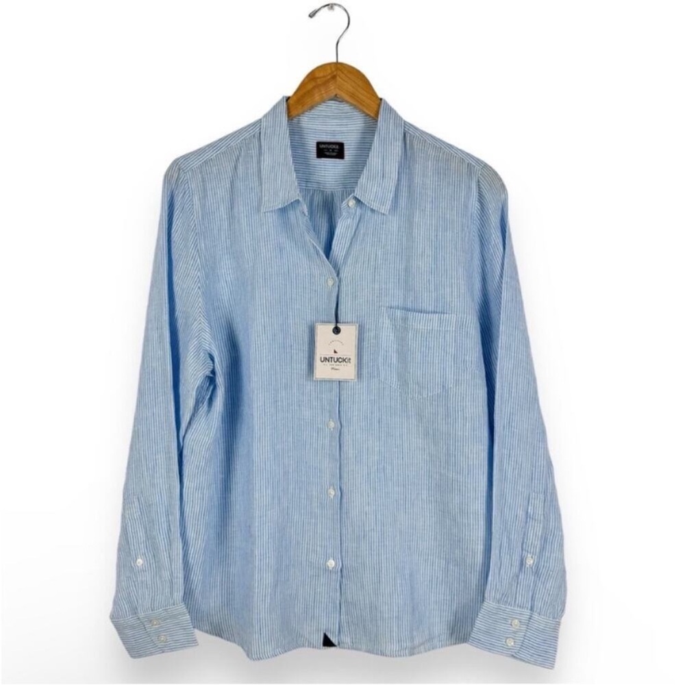 NWT Untuckit Women's Linen Button Up Sherry Shirt Long Sleeve Blush Aqua Sz 16